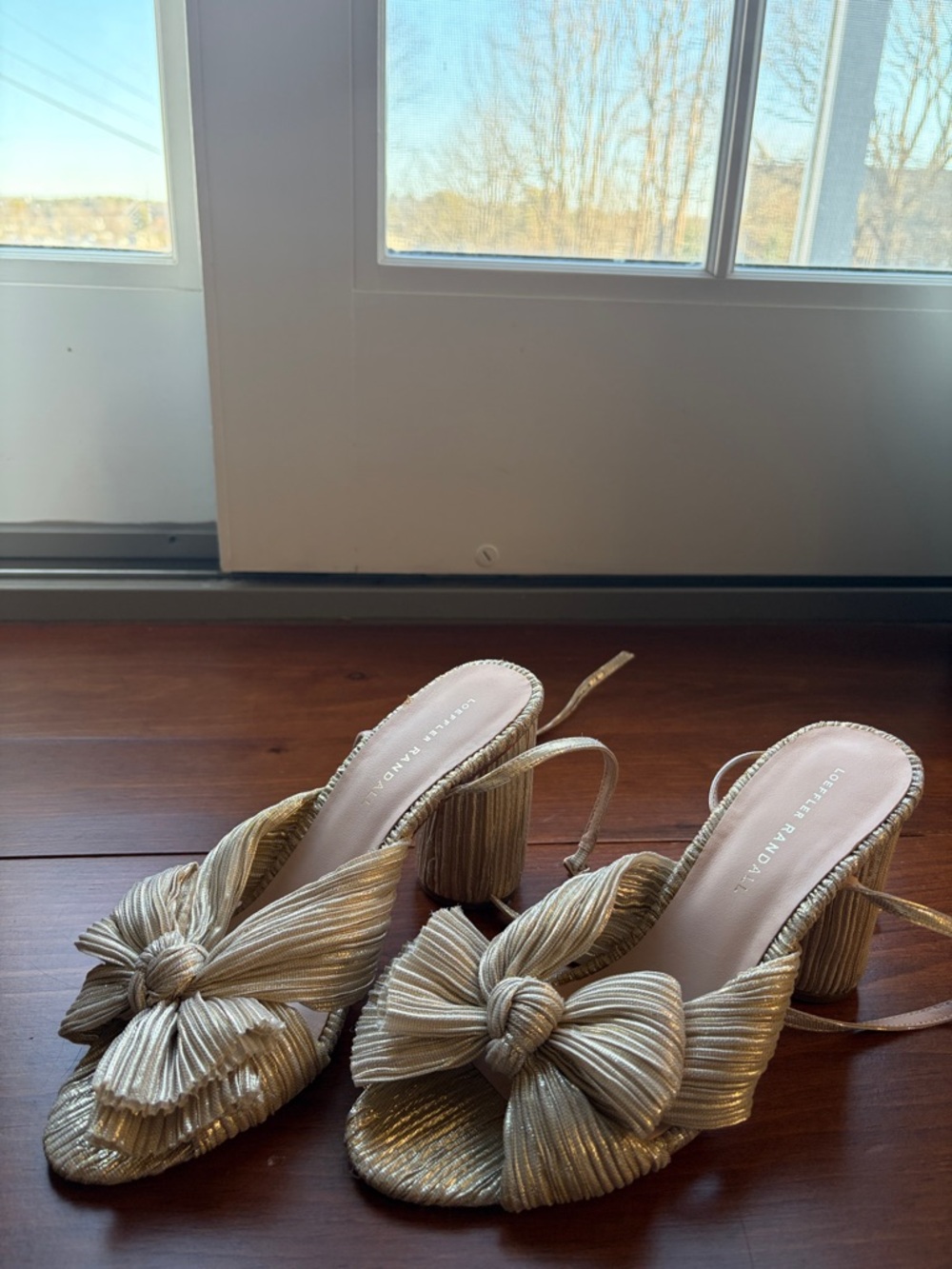 Loeffler Randall Metallic Gold Knotted Bow Block Heel Mules